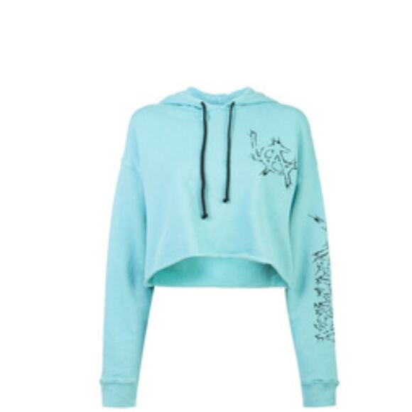 Post LA Adaptation Aqua and Black Graphic Long Sleeve Crop Hooded Sweater Small - Picture 8 of 8